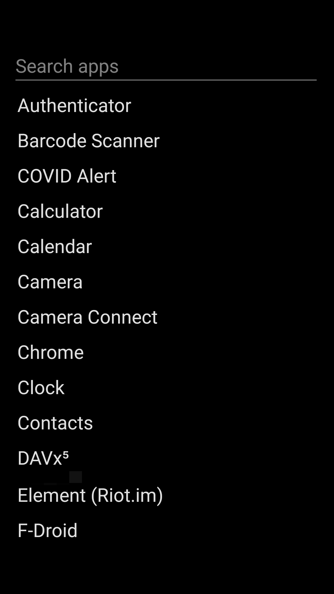 App drawer on my Android smartphone, showing scrollable list of apps names in white text over black background