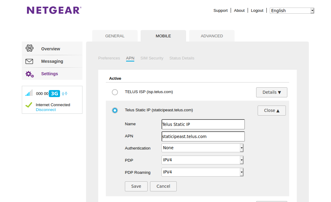 Configuring the APN to use the static IP assigned to the account.