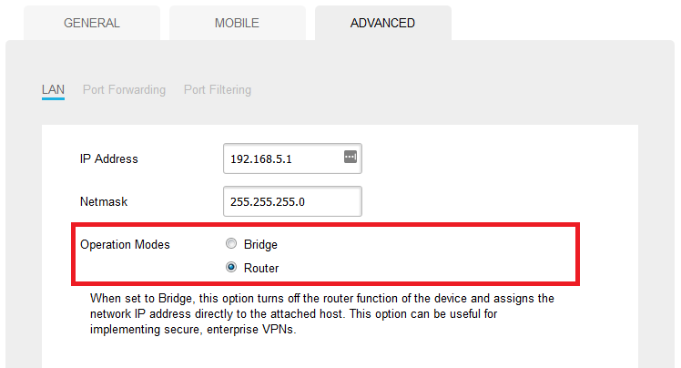 Changing the modem's operation mode to Bridge mode.