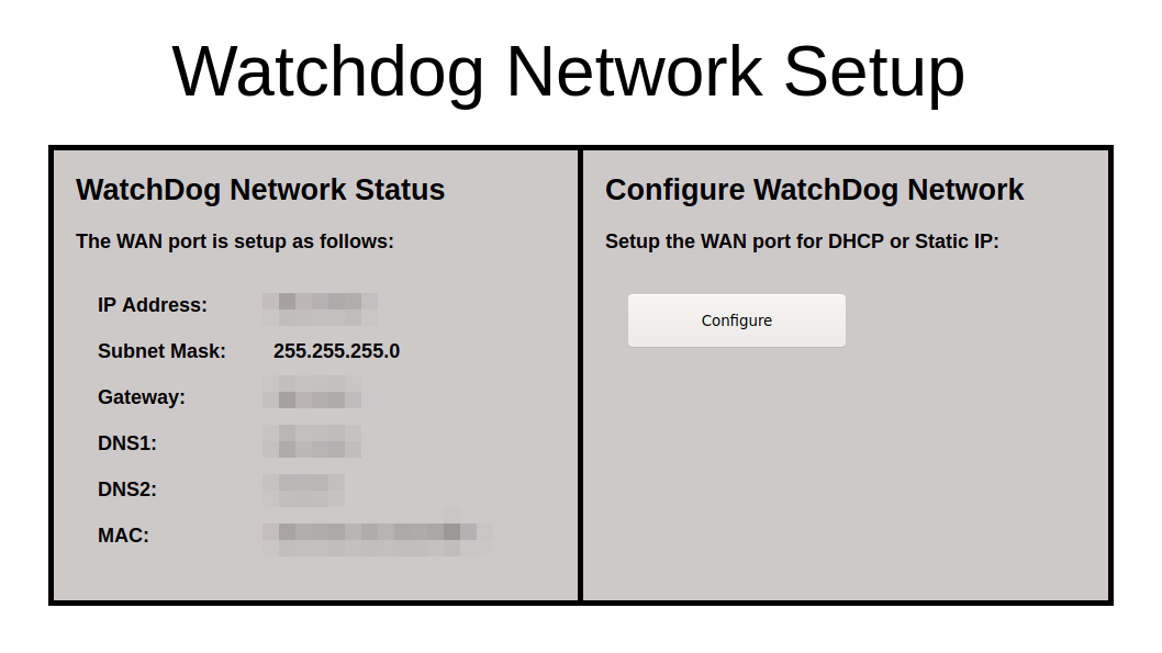 The Watchdog network configuration screen, to configure the static IP address used to connect to the dryer.